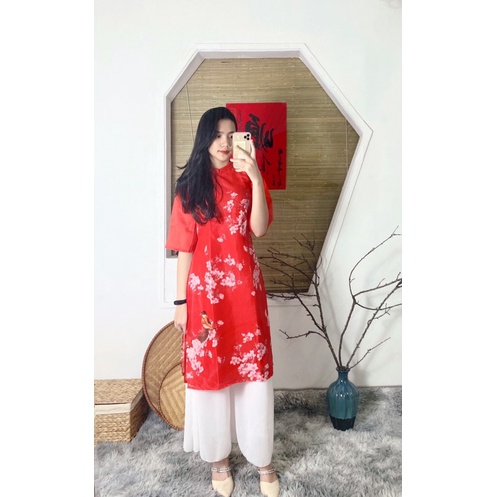 Áo dài cách tân Tết voan tơ 4 tà tay lỡ mềm mại