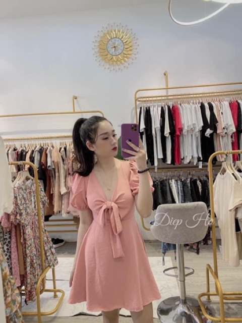 VÁY THẮT NƠ NGỰC HỒNG
