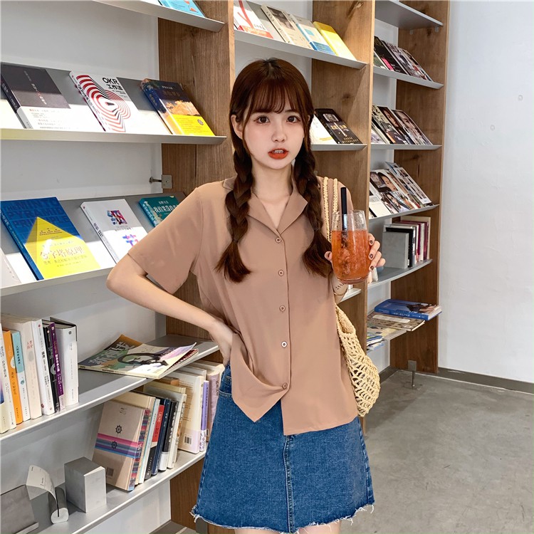 Xiaozhainv Áo Sơ Mi Tay Ngắn Cổ Chữ V Form Rộng Kiểu Dáng Retro Đơn Giản Với 11 Màu Tùy Chọn