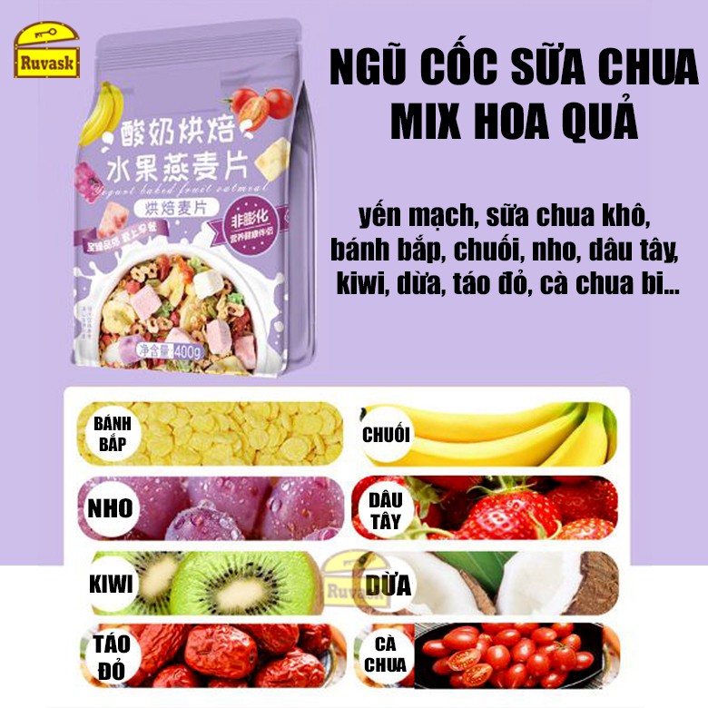 Combo Ngũ Cốc Giảm Cân Ăn Kiêng Mix Hoa Quả  - Ngũ Cốc Sữa Chua Trái Cây Yến Mạch - Đồ Ăn Vặt Nội Địa Ruvask