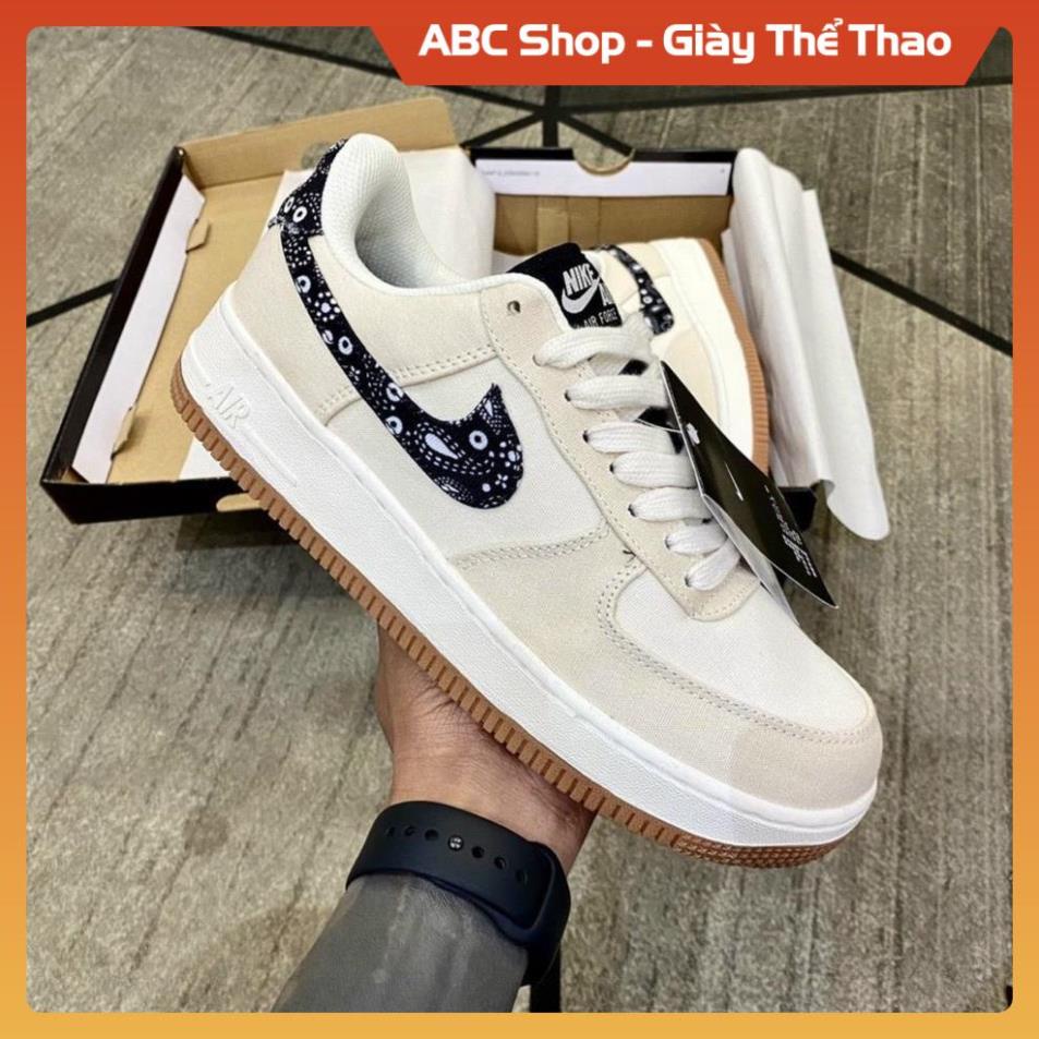 Giày thể thao mới AF1 kem da lộn thấp cổ, Giầy Sneaker AF1 kem thổ cẩm Full phụ kiện