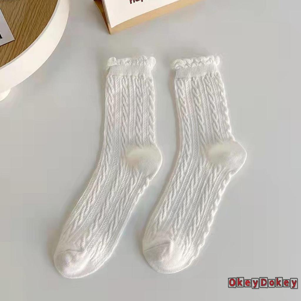 Tất cotton ống cao trung bình phối ren thấm hút mồ hôi thời trang thu đông cho nữ