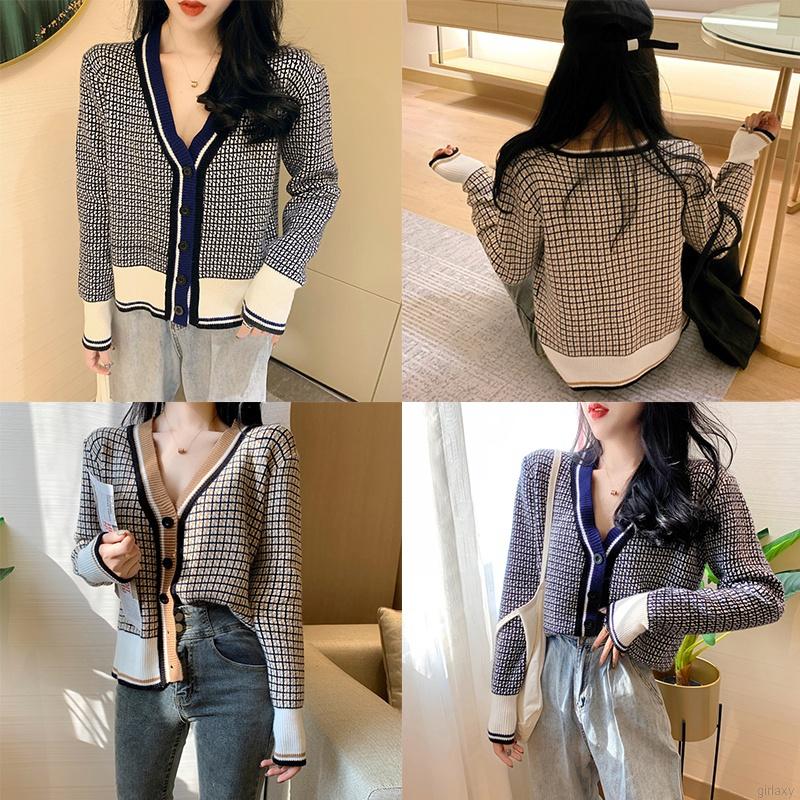 Áo Khoác Cardigan Dài Tay Cổ Chữ V Họa Tiết Sọc Caro Thời Trang Phong Cách Hàn Quốc