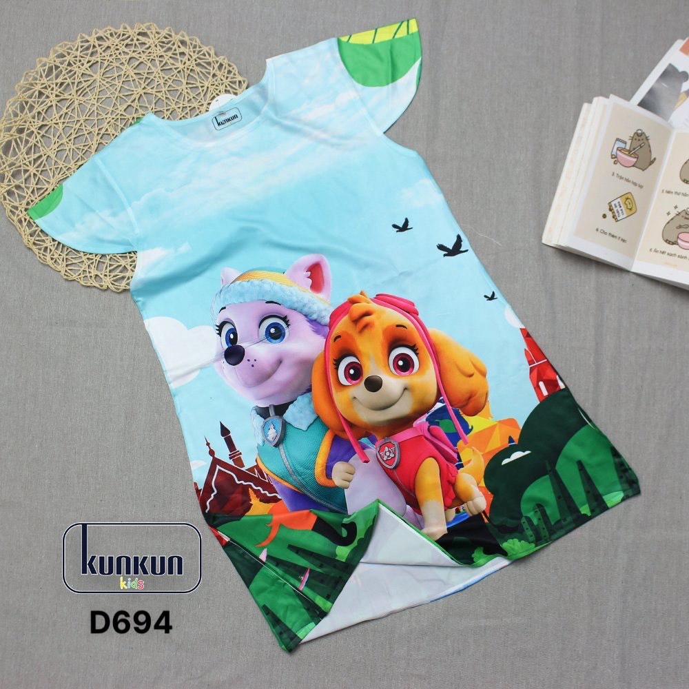 Đầm bé gái thun lạnh in 3d hoạt hình chú chó cứu hộ paw patrol Kunkun D694
