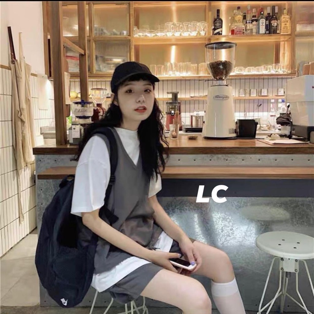 Set 3 Món Áo Gile + Áo Thun Form Rộng + Quần Short Xám Tro Siêu Set09