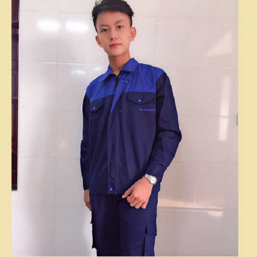 [DOO SAFETY] Áo bảo hộ lao động nam nữ màu than phối xanh khóa kéo SHUNI -005A vải kaki liên doanh loại dày, đồng phục k