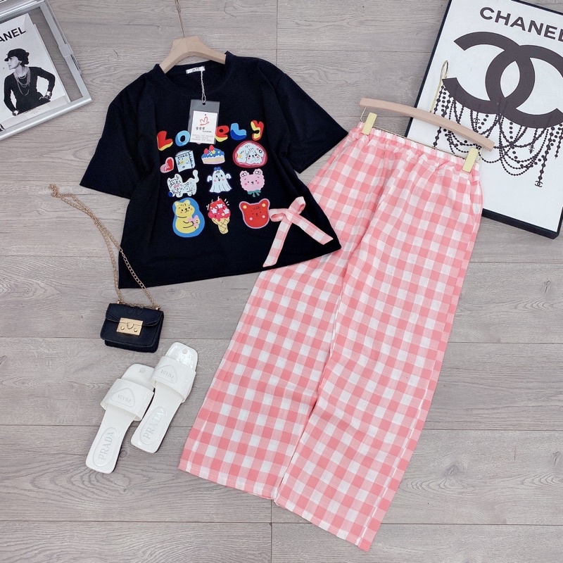 [ 𝐅𝐑𝐄𝐄 𝐒𝐇𝐈𝐏 ]SÉT ÁO PHÔNG Love MIX QUẦN SUÔNG CARO HỒNG , ÁO COTTON MỀM MIN LẮM Ạ