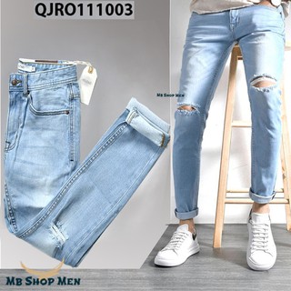 Quần jean nam xanh nhạt rách gối routine, quần bò nam co giãn