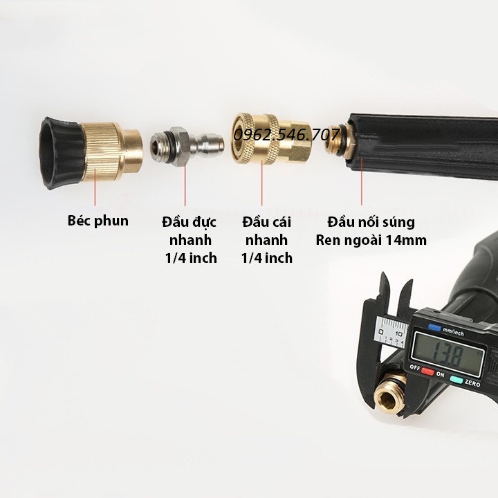 Đầu đực nối nhanh 1/4 inch chân 14mm dùng cho béc xịt rửa, bình phun bọt tuyết máy xịt rửa áp lực cao