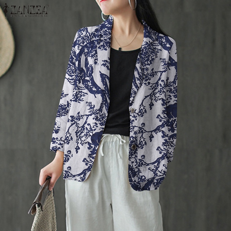 Áo blazer ZANZEA cotton dáng rộng cổ bẻ tay dài in họa tiết hoa phong cách vintage thời trang dành cho nữ