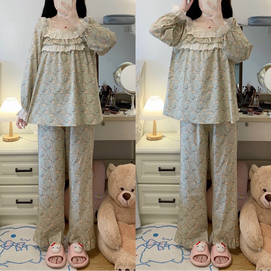 Set bộ nữ xanh mạ hoa nhí tay dài cổ vuông quảng châu
