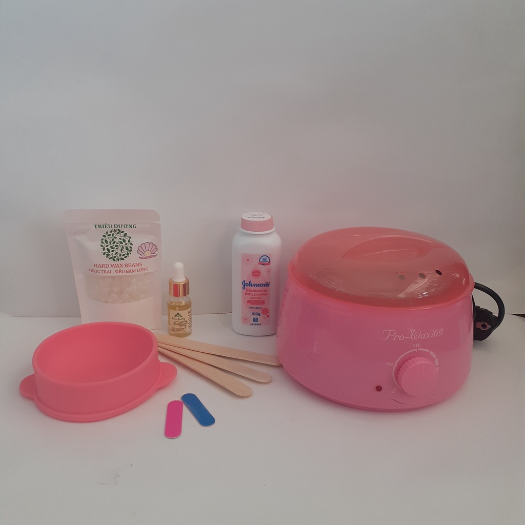 set wax lông đầy đủ:1 nồi prowax 100 + 1 gói sáp mini 50g hương thơm  + 1 chén chống dính + 1 mỡ trăn 10ml +1 phấn 100gr