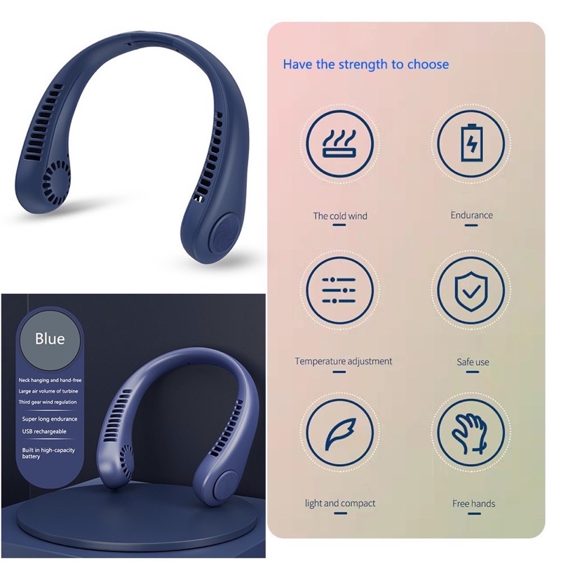 Quạt đeo cổ mini không cánh thổi 360 độ có 3 chế độ gió tuỳ chỉnh dung lượng pin lớn 3000mAh