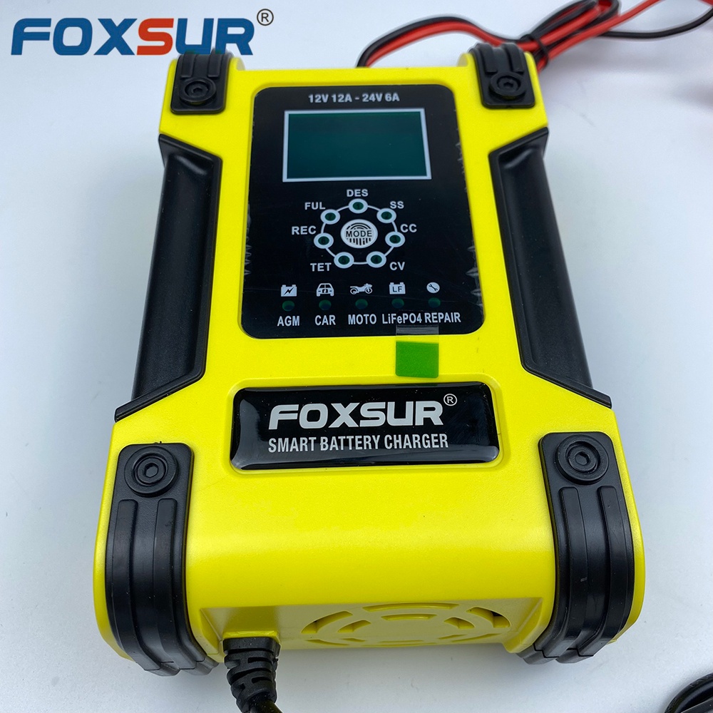 Sạc bình ắc quy 12V 24V 6Ah - 200Ah FOXSUR 12A sạc pin sắt LiFePO4 tự ngắt khi đầy khử sunfat khôi phục ắc quy
