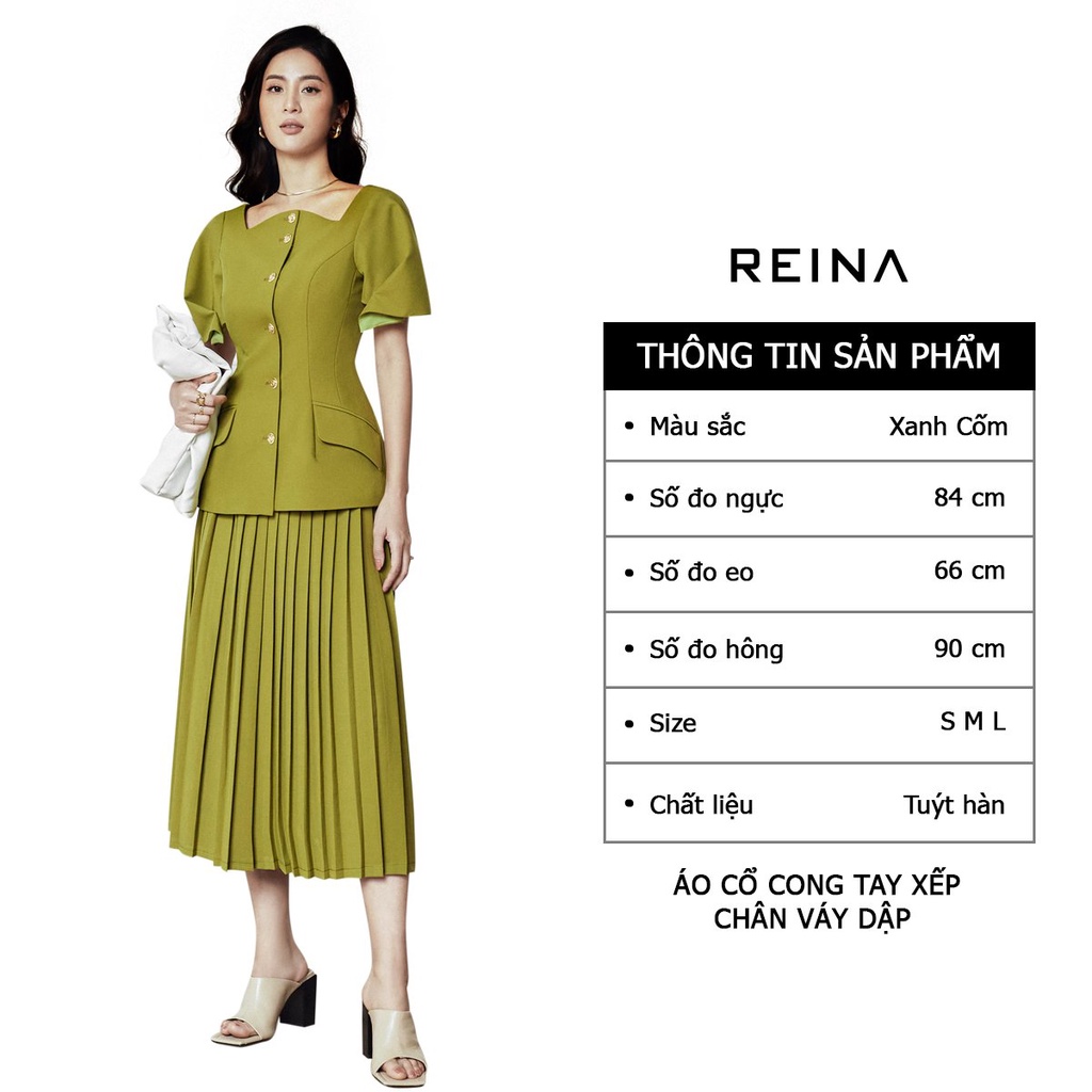Áo Cổ Cong Tay Xếp -  Chân Váy Dập - Xanh Lá - Reina