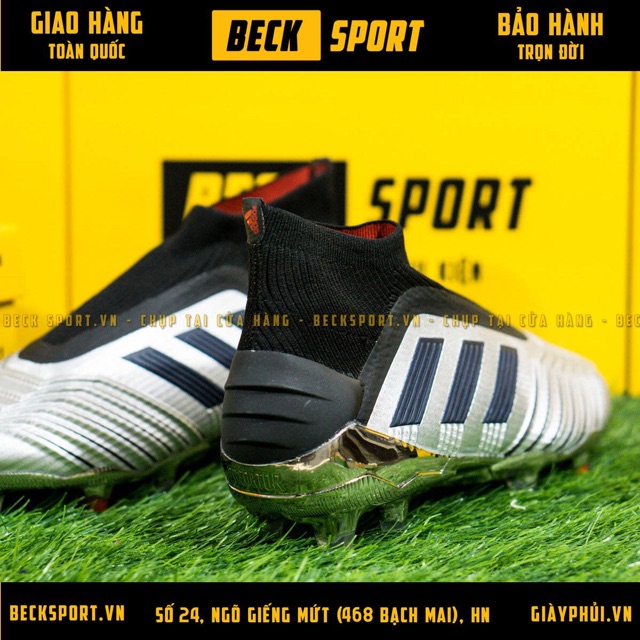 Giày Bóng Đá TQ Adidas Predator 19+ Bạc Vạch Đen Không Dây Cao Cổ FG