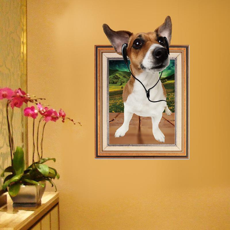 Decal dán tường 3D khung ảnh hình chú chó đeo tai nghe