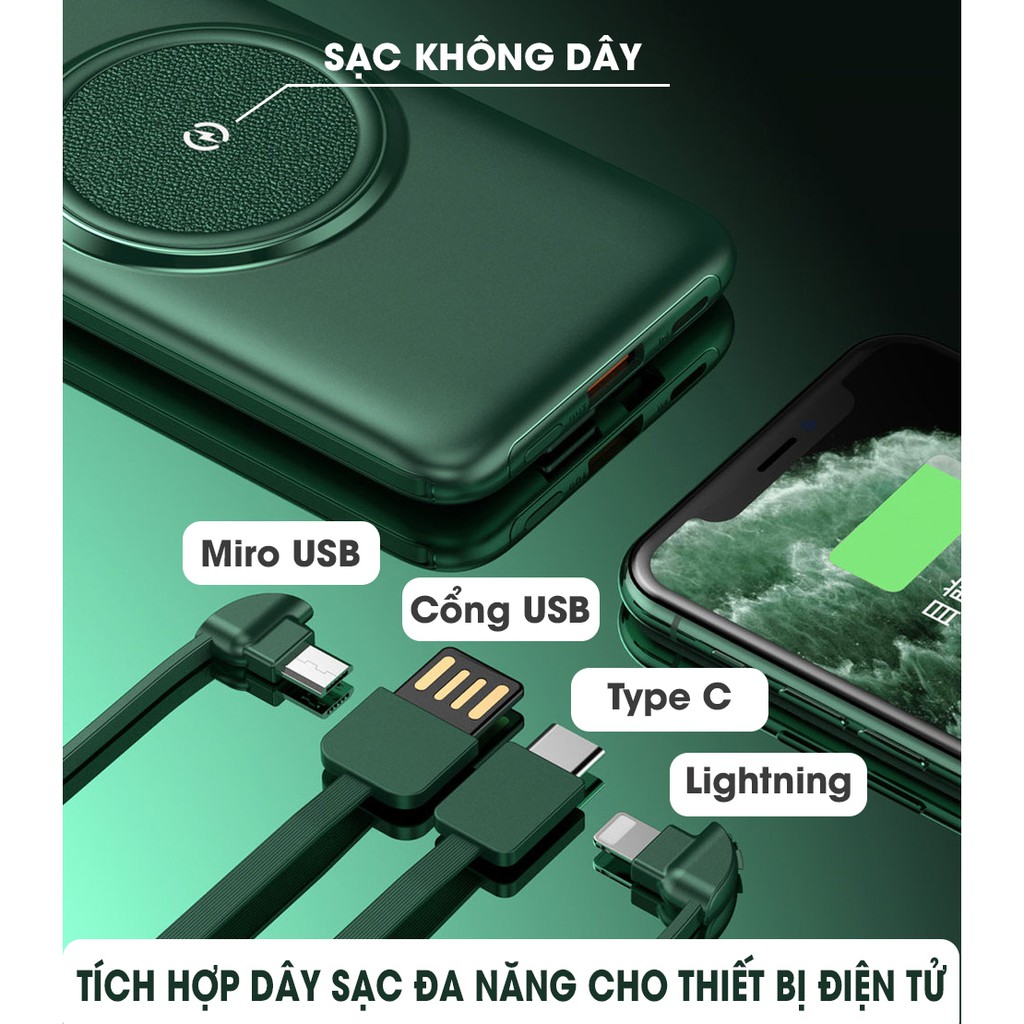 Sạc Dự Phòng Không Dây 20.000mAh Tích Hợp Dây Sạc Chính Hãng Cyke