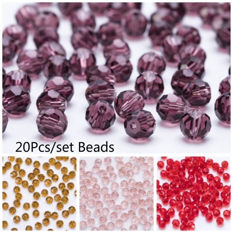 Bộ 20 Hạt Thủy Tinh Màu Trơn Kích Thước 8mm Dùng Làm Trang Sức