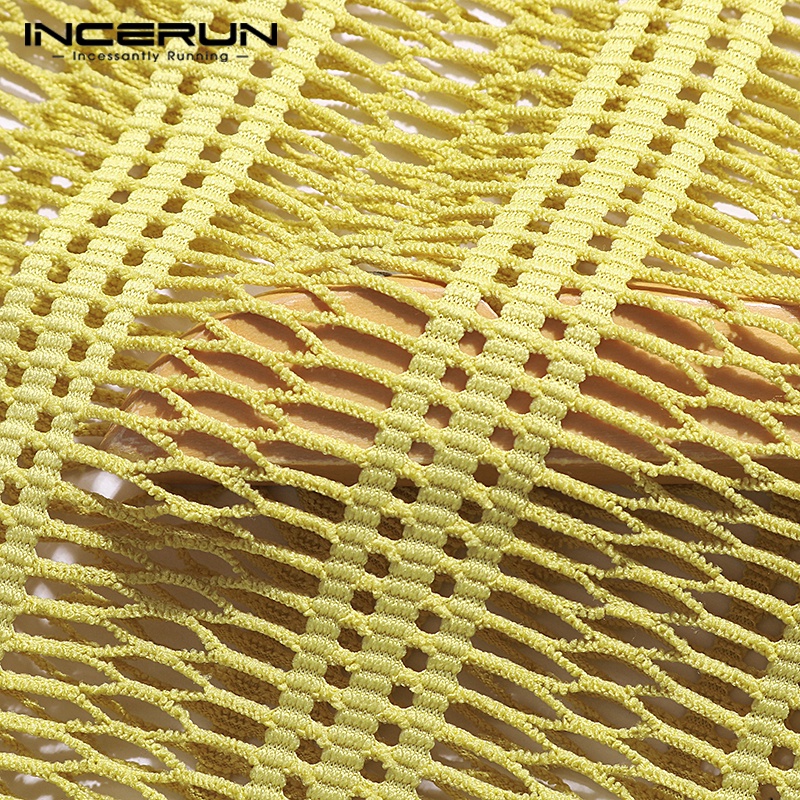 Áo lưới ba lỗ INCERUN xuyên thấu kẻ sọc nhiều màu sắc phong cách hippie cho nam