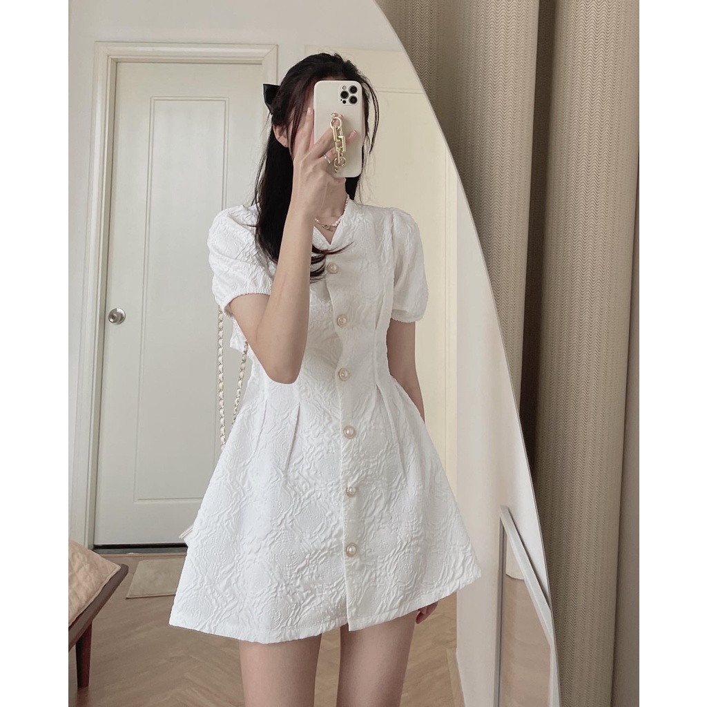Đầm váy tiểu thư gấm xốp cách điệu hở lưng cúc ngọc phong cách Hàn Quốc Kozoda D40