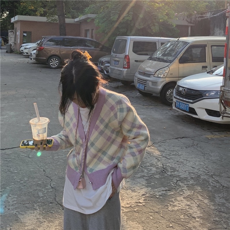 Áo Khoác Cardigan Dáng Ngắn Phối Màu Pastel