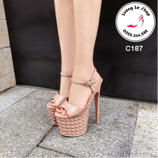 Giày cao gót 19cm da bóng gót nhọn đế trám hở mũi đầu cá 3 màu đen hồng trắng ms C187