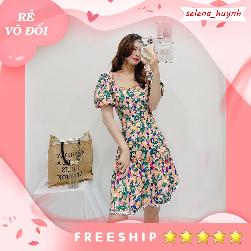 Đầm hoa nhí viền ren cổ vuông