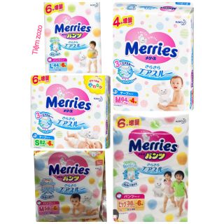 (Cộng miếng) Tã dán/quần MERRIES chính hãng date mới S82+6/M58+6/M64+4/L58/L44+6/XL38+6