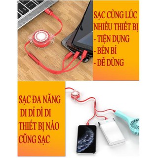 Cáp sạc 3 đầu dây rút 3in1 microusb, type c, lightning iphone dây tpe lõi đồng siêu bền 100cm
