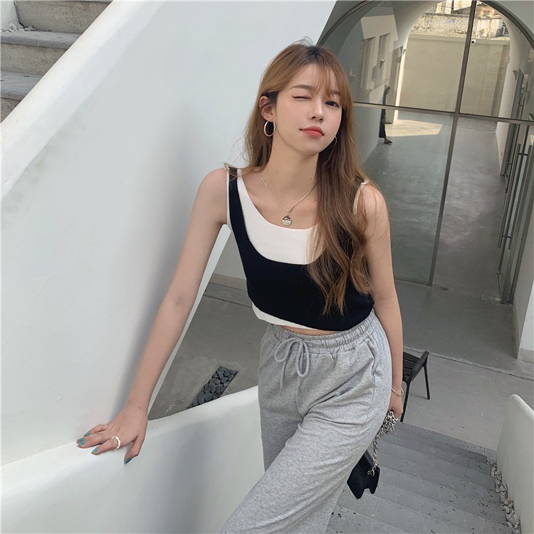 【ZHELIHANGFEI】 / Áo Dệt Kim Sát Nách Giả Hai Mảnh Màu Sắc Phù Hợp Với Nhiều Phong Cách