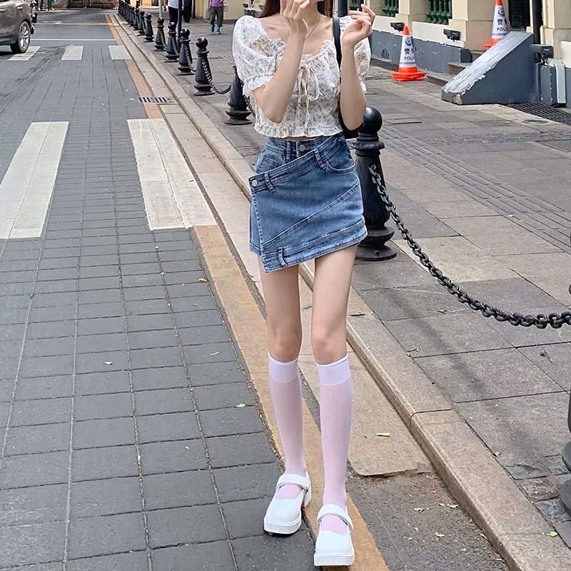 Set Áo Croptop Kiểu hoa và Chân váy bò vạt chéo siêu xinh thời trang SET07