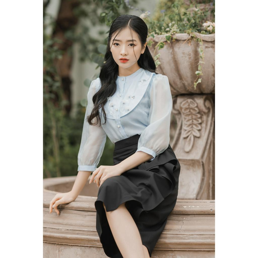 Áo sơ mi xanh thêu đính cao cấp by Maysi