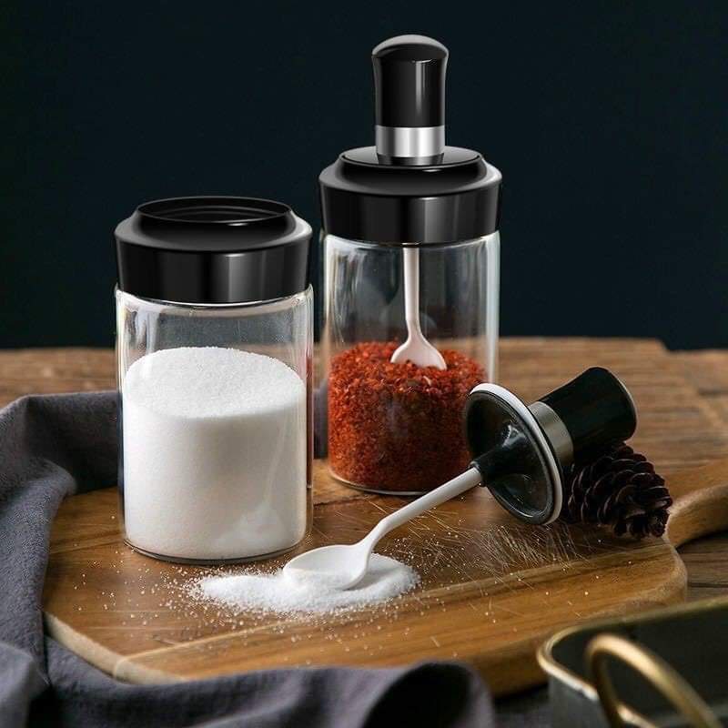 Hũ Đựng Gia Vị Thuỷ Tinh Kèm Muỗng, Lọ Đựng Gia Vị Kèm Thìa Xúc Tiện Lợi