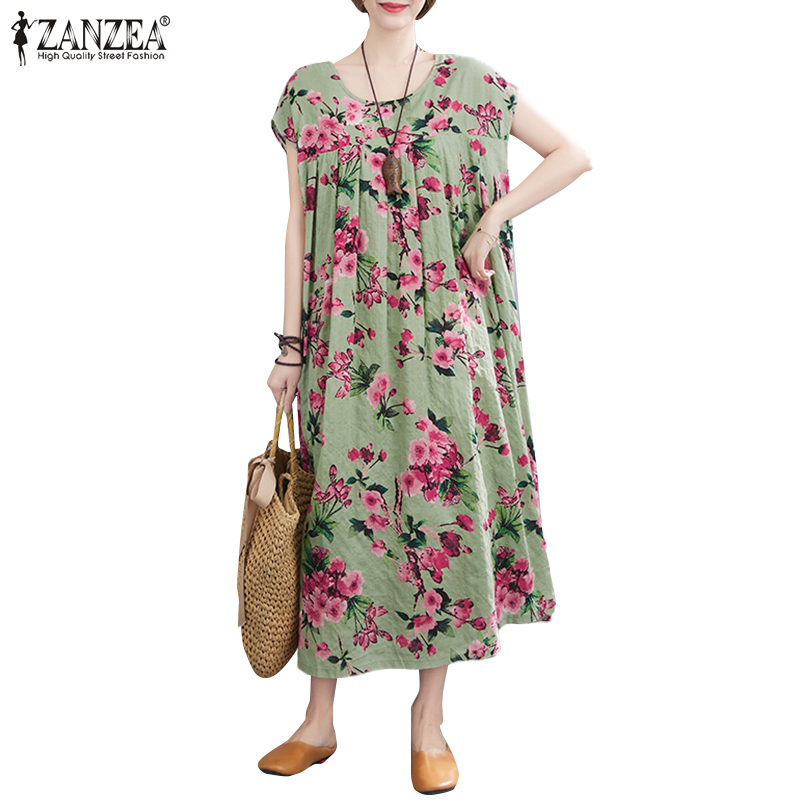 Đầm Maxi Nữ ZANZEA In Hoa Tay Ngắn Thời Trang Cổ Điển Thường Ngày