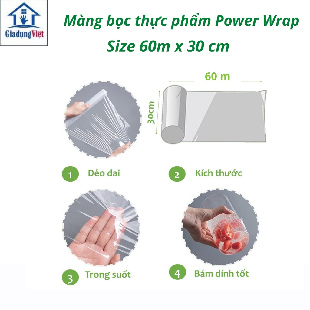 Màng bọc thực phẩm Power Wrap Hàn Quốc co giãn, chất liệu PVC tự hủy sinh học Size 60m x 30cm