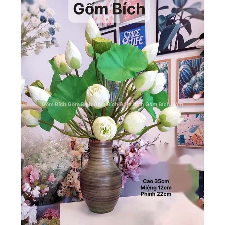 Bình Hoa Lọ Hoa Gốm Có Tai Men Thuần Mộc Cao 35cm Gốm Sứ Bát Tràng - Gốm Bích