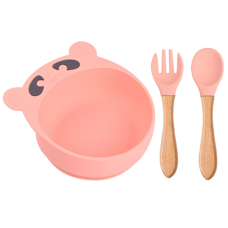 Bộ 3 Món Tô / Muỗng / Nĩa Silicone Có Giác Hút Chống Trượt Cho Bé Tập Ăn