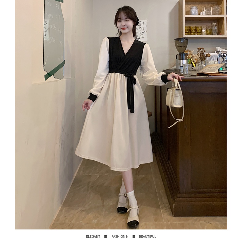 Đầm Cổ Chữ V Thắt Nơ Màu Sắc Tương Phản Thời Trang Mùa Thu Cho Nữ