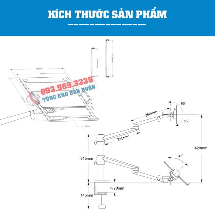 Giá Treo Màn Hình OL 3L 15 - 24 - 27 - 32 Inch Kèm Kệ Đỡ Laptop - Macbook - Ipad 11 - 17.3 Inch - Hợp Kim Nhôm