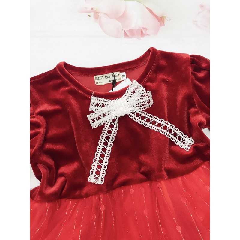 Váy nhung đỏ tay bồng lưới xòe 3 lớp siêu xinh cho bé