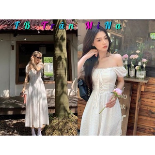 Váy maxi trắng xô ren hoa đan dây ngực