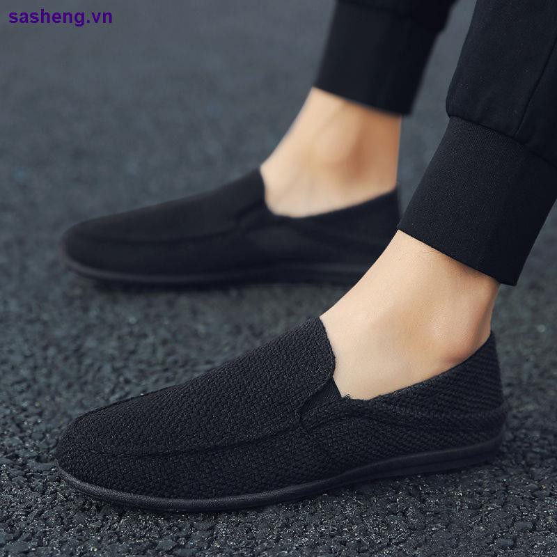 Giày lười vải lanh thoáng khí màu đen thời trang mùa hè cho nam trung niên