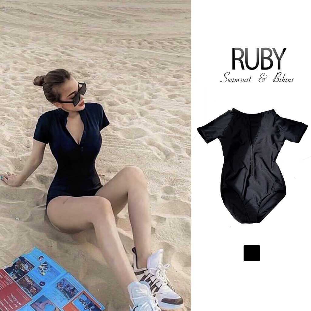 Bikini Đồ Bơi Một Mảnh Liền Mảnh Tay Ngắn Có Dây Kéo Màu Đen Ôm Body RUBYR05 | BigBuy360 - bigbuy360.vn