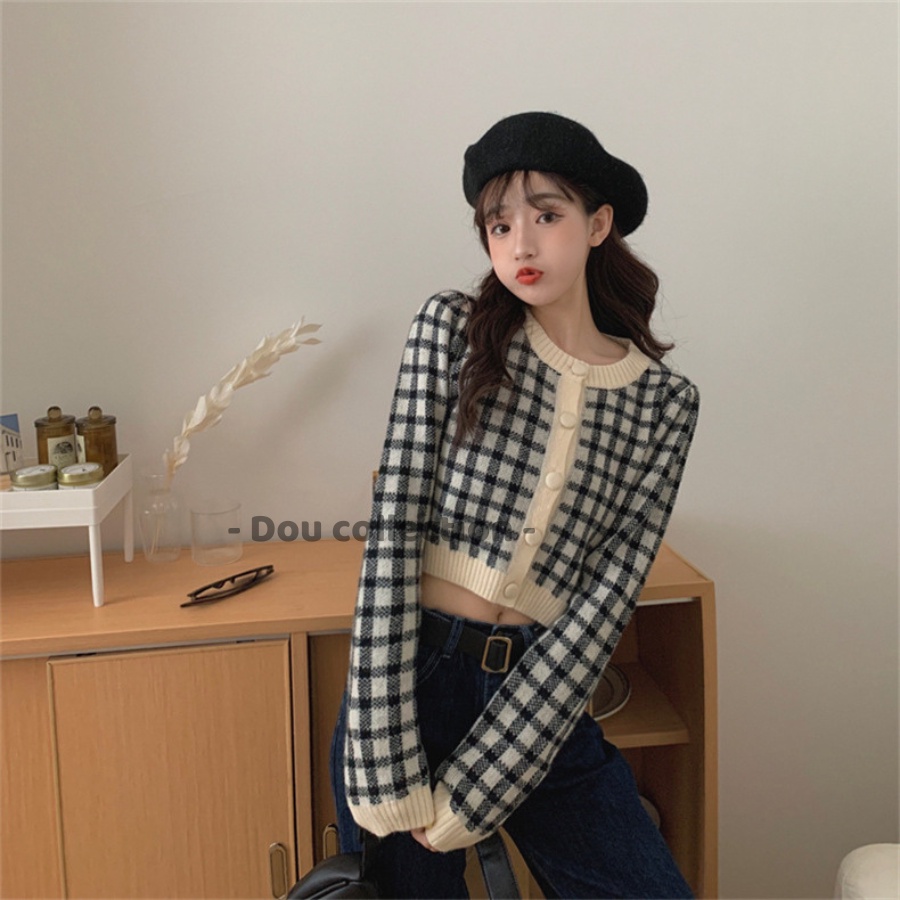 Áo Khoác Dệt Kim Họa Tiết Caro, Áo Khoác Len Dài Tay Thời Trang Thu Đông -Dou Collection - Mã TA029