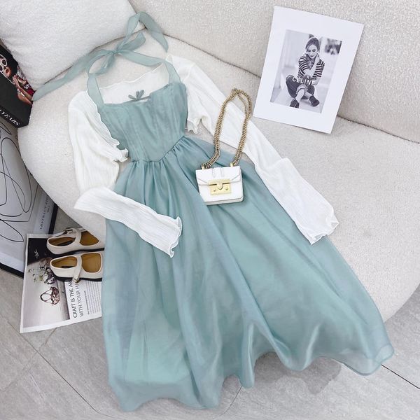 Set đầm midi trắng cổ yếm bo chun lưng kèm khoác crop - SR185