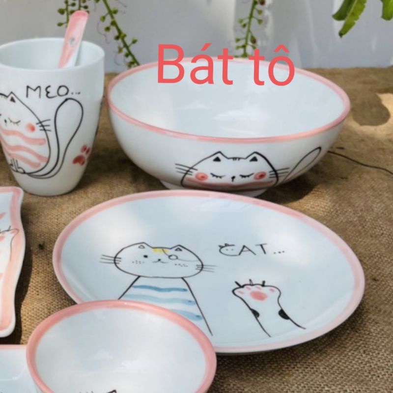 Bộ bát đĩa vẽ hình chú mèo siêu cute bán lẻ.Hàng sứ Bát Tràng.