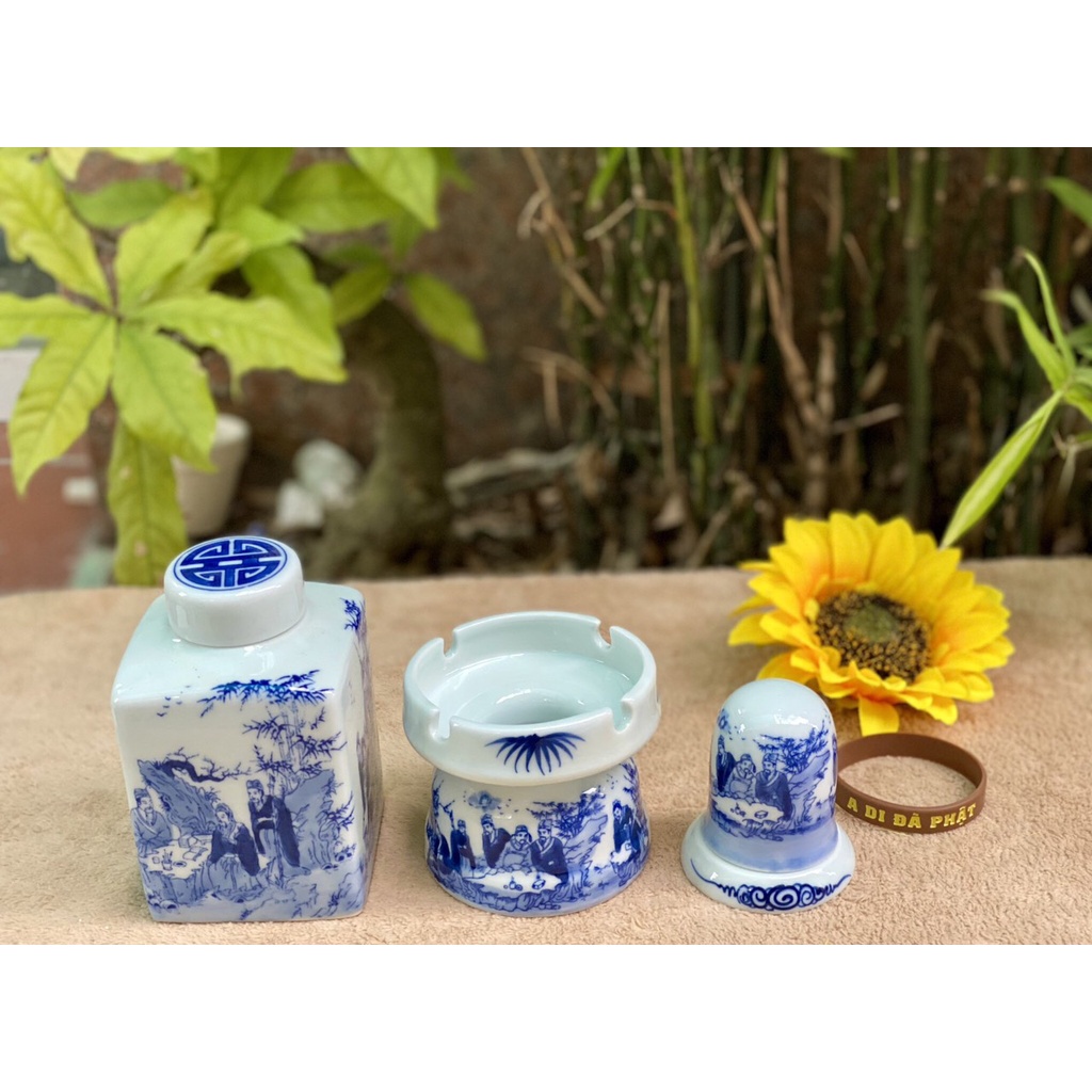 Ấm chén sứ trắng vẽ men lam Nhà Lò Bát Tràng-bộ Trúc Lâm Thất Hiền