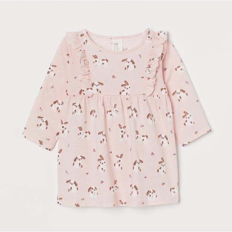 Váy cotton HM dài tay - hồng hình thỏ