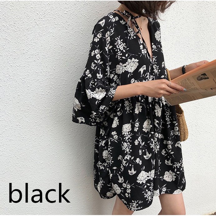 SUXI Đầm Babydoll hoạ tiết hoa thiết kế cổ chữ V phong cách Hàn Quốc